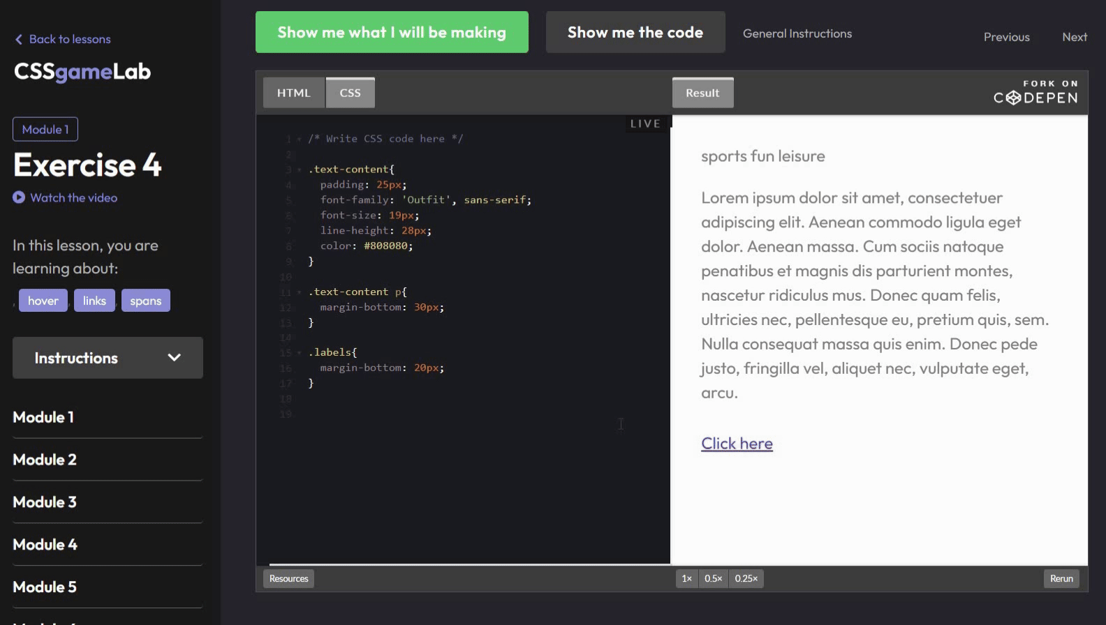 solving interactive exercise with a hint and solved code in an online css course for designers